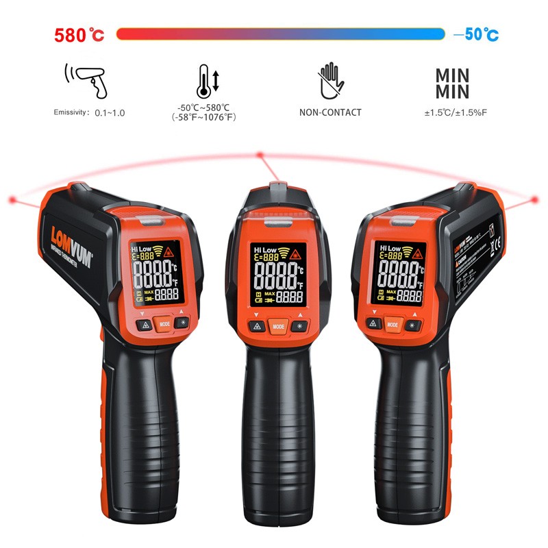 LOMVUM Digital Infrared Thermometer Contact Heat Gun Laser Handheld Infrared Temperature Gun Color LCD Display 50-580c Alarm