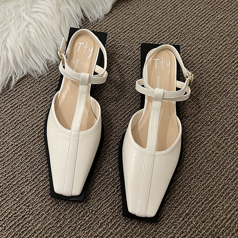 Rimocy Women's Brand Design T-Strap Pumps Summer 2022 PU Square Toe Mid Cake Boxes Woman Mixed Colors Sandalias Mujer Black