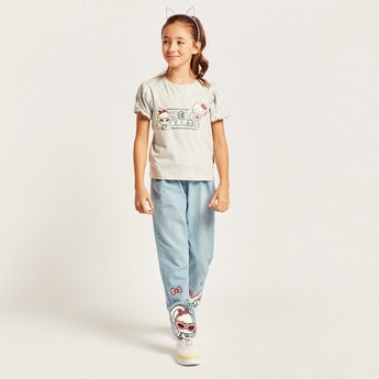 Sanrio Graphic Print Top with Round Neck and Short Sleeves