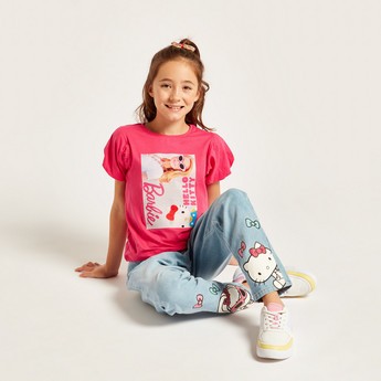 Sanrio Barbie Print Round Neck T-shirt with Balloon Sleeves