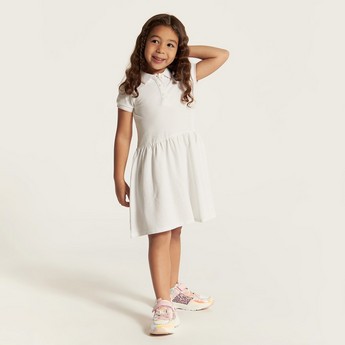 Juniors Solid Dress with Short Sleeves and  Piping Detail