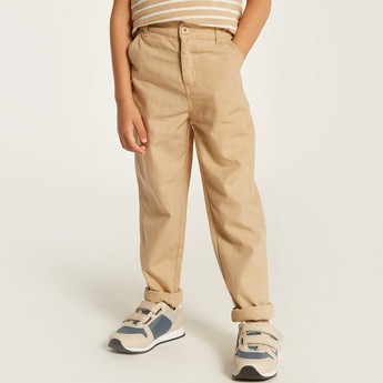 Juniors Solid Mid-Rise Pants with Button Closure and Pockets