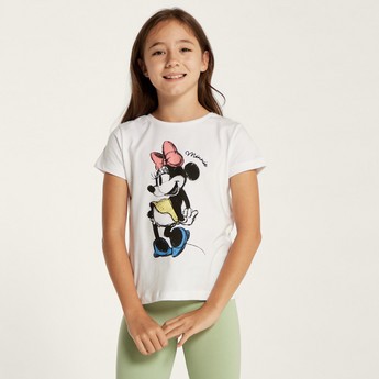 Minnie Mouse Print T-shirt with Crew Neck and Short Sleeves