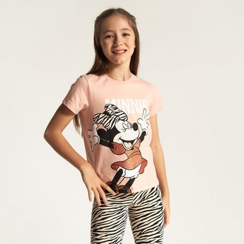 Disney Minnie Mouse Print Crew Neck T-shirt with Short Sleeves