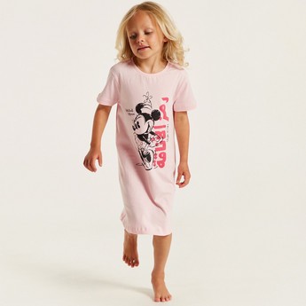 Disney Minnie Mouse Print Night Dress with Crew Neck and Short Sleeves