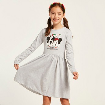 Disney Mickey and Minnie UAE National Day Print Dress with Long Sleeves