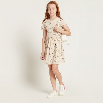 Sanrio Hello Kitty Print Dress with Round Neck and Short Sleeves