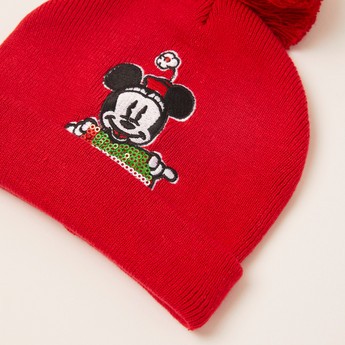 Disney Minnie Mouse Print Cap with Pom-Pom and Sequin Detail