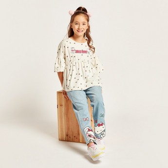 Sanrio Hello Kitty Print T-shirt with Round Neck and Half Sleeves