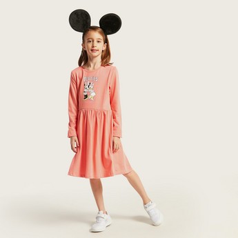 Disney Minie Mouse Print A-line Dress with Long Sleeves