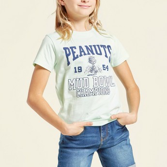 Peanuts Graphic Print T-shirt with Round Neck and Short Sleeves