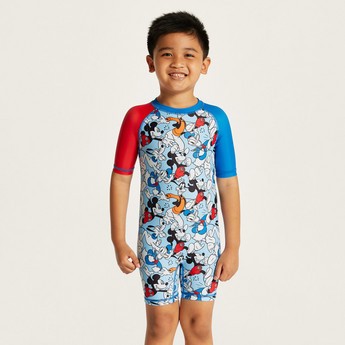 Disney Mickey Mouse Print Swimsuit with Short Sleeves and Zip Closure