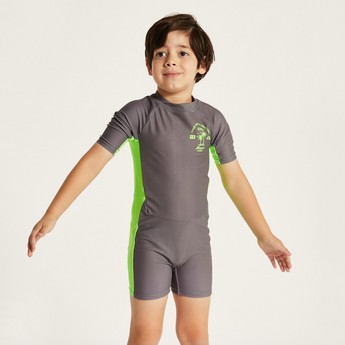 Juniors Printed Swimsuit with Short Sleeves and Zip Closure