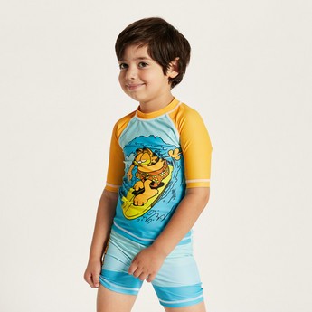 Garfield Print Rash Guard and Swim Shorts Set