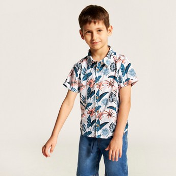 Juniors Tropical Print Shirt with Short Sleeves and Button Closure