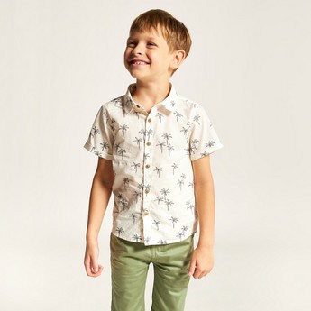 Juniors Tropical Print Shirt with Short Sleeves and Button Closure