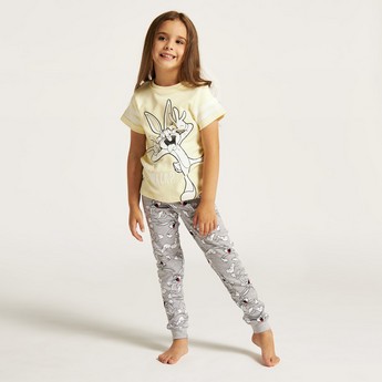 Looney Tunes Print Crew Neck T-shirt and Pyjama Set