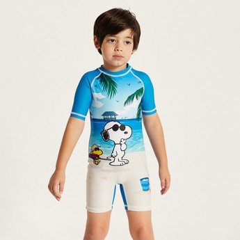 Snoopy Dog Print Swimsuit with Short Sleeves and Zip Closure