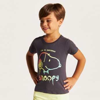 Snoopy Dog Print T-shirt with Crew Neck and Short Sleeves