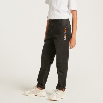 Juniors Printed Denim Pants with Pockets and Button Closure