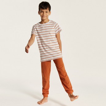 Juniors Striped Round Neck T-shirt and Full Length Pyjama Set