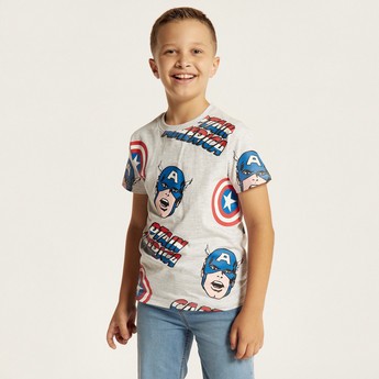 Captain America Print T-shirt with Crew Neck and Short Sleeves