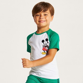 Mickey Mouse Print T-shirt with Crew Neck and Raglan Sleeves