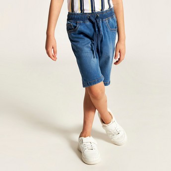 Juniors Solid Denim Shorts with Drawstring Closure and Pockets