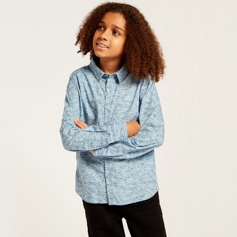 Juniors All Over Print Shirt with Long Sleeves and Button Placket