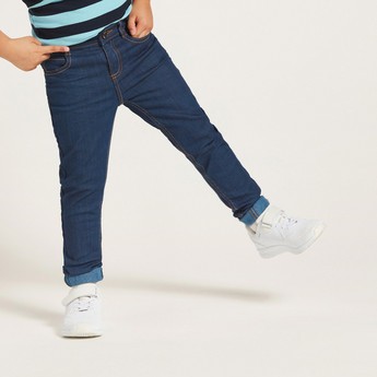 Solid Denim Pants with Pockets and Button Closure
