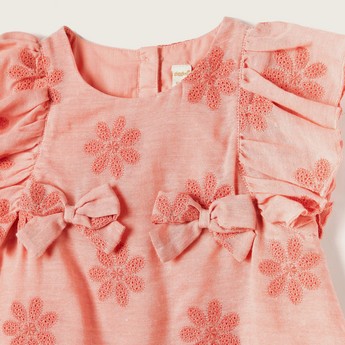 Giggles Embroidered Top with Bow Accent and Ruffles