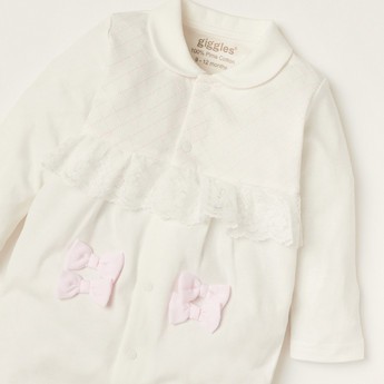 Giggles Bow Accented Sleepsuit with Long Sleeves and Frill Detail