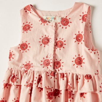 Juniors Printed Sleeveless A-line Dress with Button Closure