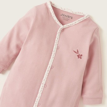 Juniors Solid Sleepsuit with Long Sleeves and Flower Embroidered Detail