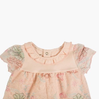 Giggles Floral Embroidered Dress with Round Neck and Short Sleeves