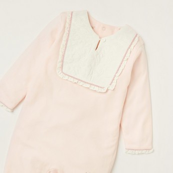 Giggles Solid Closed Feet Sleepsuit with Long Sleeves and Lace Detail