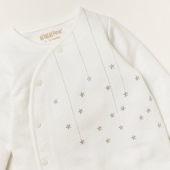 Giggles Star Embroidered Sleepsuit with Long Sleeves and Snap Button Closure