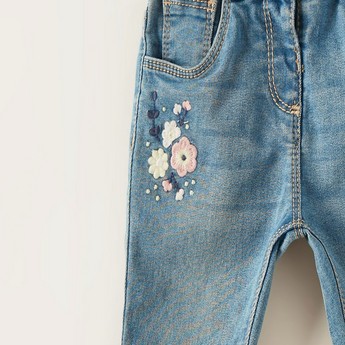 Juniors Floral Embroidered Jeans with Elasticised Waistband