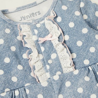 Juniors Polka Dots Print Sleepsuit with Long Sleeves and Lace Detail