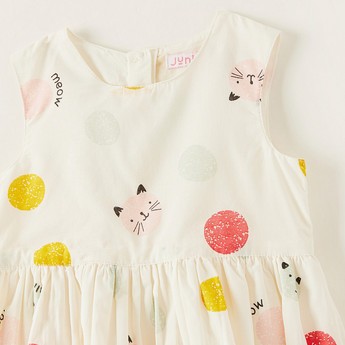 Juniors All-Over Cat Print Sleeveless Dress with Round Neck