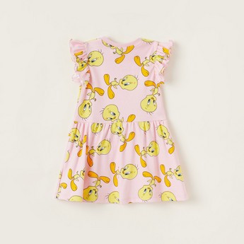 Tweety Printed Round Neck Knit Dress with Cap Sleeves