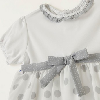 Giggles Polka Dot Print Dress with Puff Sleeves and Tie-Up Belt