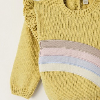 Giggles Textured Sweater with Rainbow Applique and Ruffle Detail