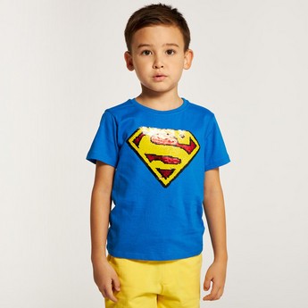 Embellished Superman Print T-shirt with Crew Neck and Short Sleeves