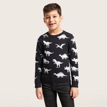 Juniors All-Over Dinosaur Print Pullover with Long Sleeves