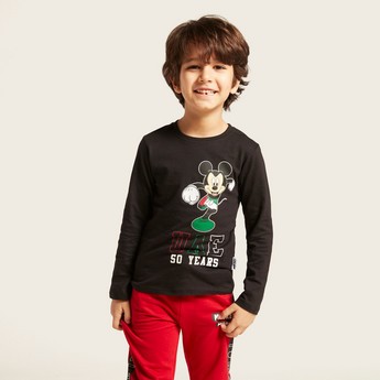 Disney Mickey Mouse Print Round Neck T-shirt with Long Sleeves