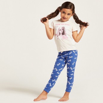 Barbie Print T-shirt and Contrast Full-Length Pyjama Set