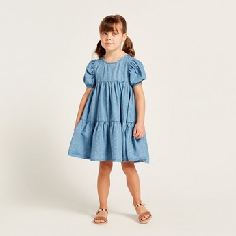 Juniors All-Over Printed Empire Dress with Short Sleeves