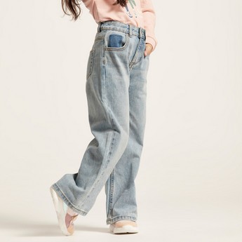 Juniors Solid Denim Pants with Pockets and Button Closure