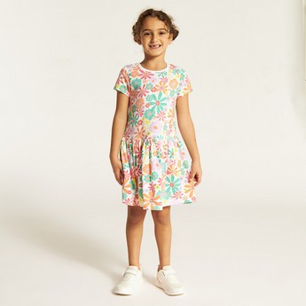 Juniors Floral Print Drop Waist Dress with Short Sleeves